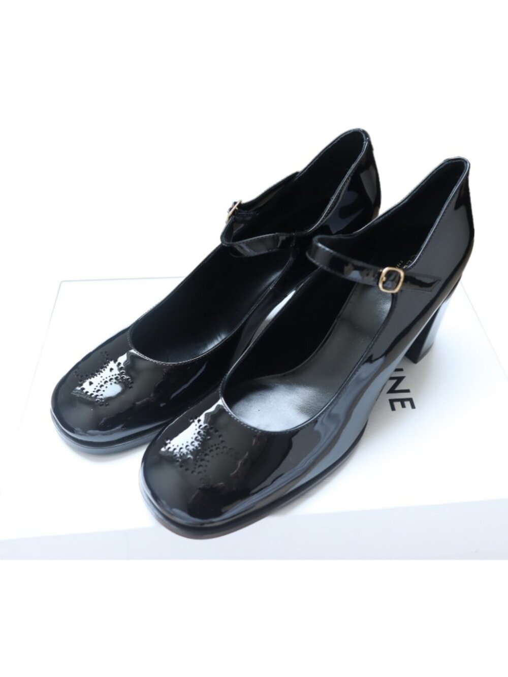 CELINE Black Patent Leather LILY Perforated Triomphe Babies Mary Jane Heels 37.5